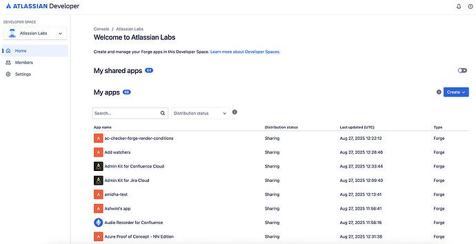 Atlassian Labs developer space view in the console
