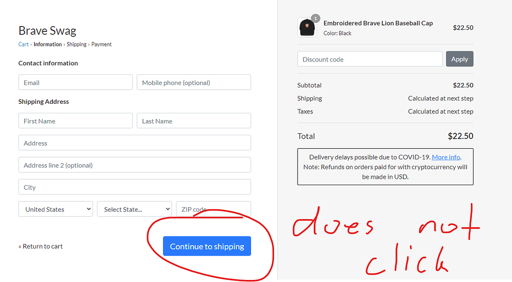 The Brave swag store won't let me checkout on the Brave browser