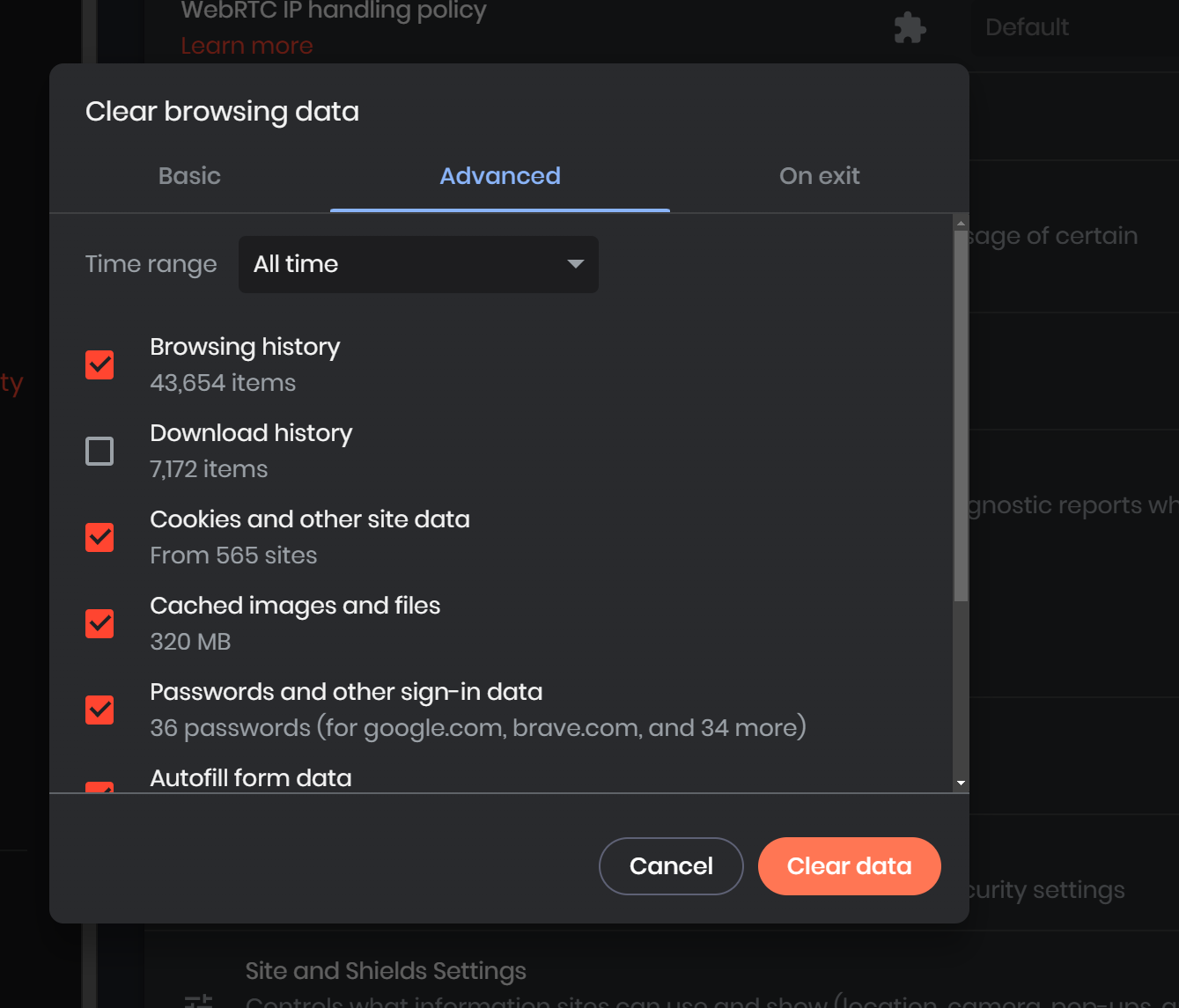 Does clearing all of browsing data including cache, site settings 