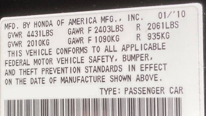 Tire Pressure - 2010 Honda Accord - Vehicle Gross Loads Table