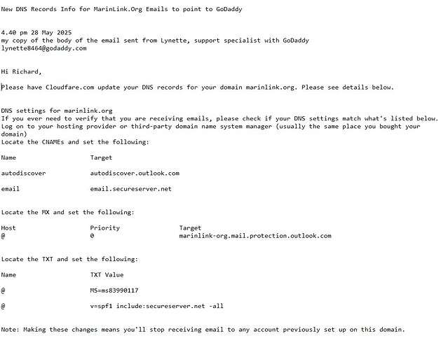 ScreenShot of DNS changes to be done at CloudFare, sent from GoDaddy Support