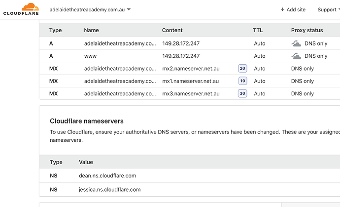 DNS  adelaidetheatreacademy.com.au  Account  Cloudflare - Web Performance & Security