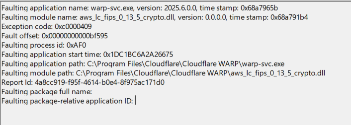 WARP Client crashes on startup - BEX64 Error in