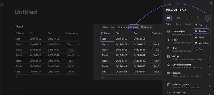 Timeline - Options > More