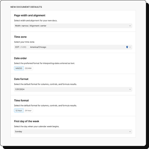 Specify your new doc defaults for date and time