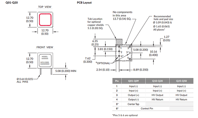 Pinout for the XP Power Q-series DC-HVDC converter.