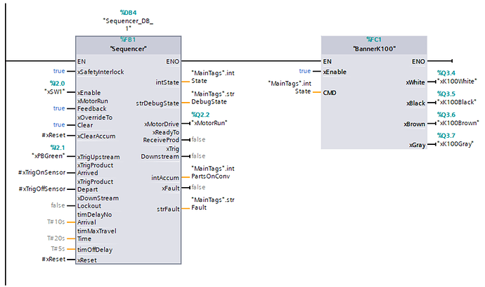 Figure 3: Ladder logic showing the conveyor sequencer and the Banner K100 Blocks.
