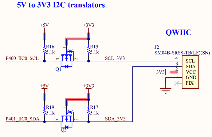 Figure 1: Schematic diagram for the Arduino Nano R4 Qwiic circuitry showing 3.3 VDC level shifters.
