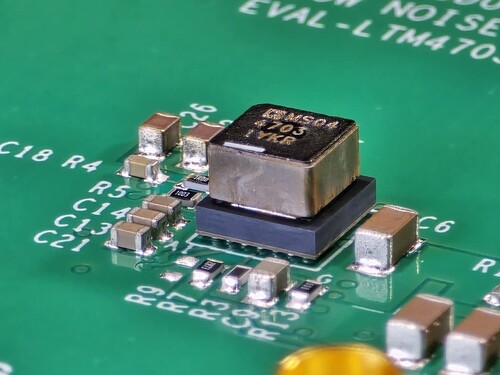 Figure 1: Close-up image showing the LTM4703. Seven BGA pins are visible as well as the top-hat inductor.