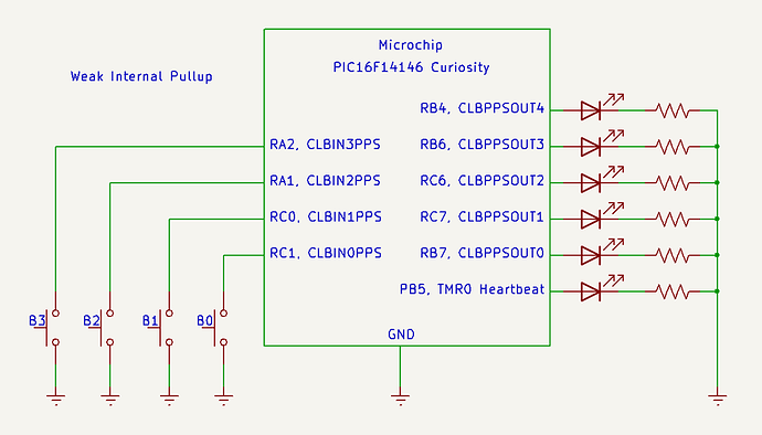 Figure 2: Schematic of the PIC16F13145-curiosity breadboard circuit with pushbuttons and LEDs.