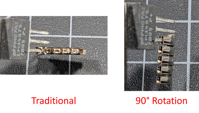 Figure 4: Flat blade of a TO-220 device showing spring distortion (left) with reduced stress with a 90-degree rotation (right).