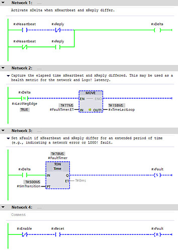 Figure 4: Ladder logic function block allowing the S7 to monitor network and LOGO! connectivity.