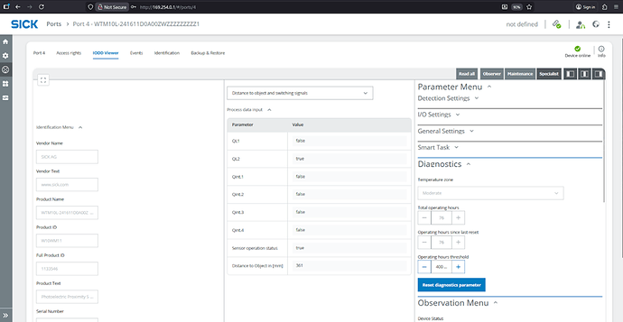 Figure 4: Data from the SICK IODD Viewer for the W10 distance sensor.