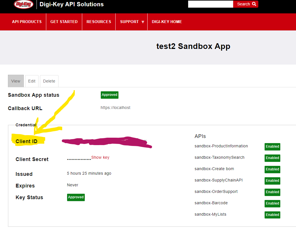 X digikey client id invalid for requested resource site help