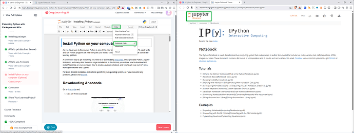 DeepLearning.ai platform - Jupyter notebook - Help - Notebook Help