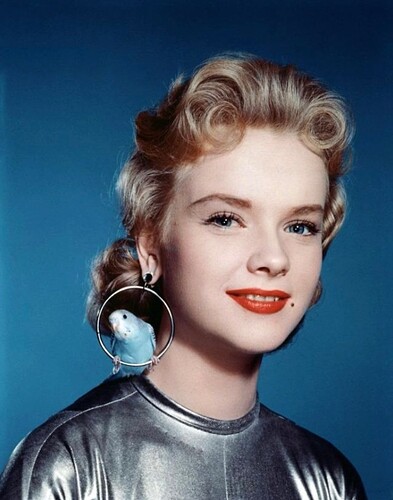 Anne Francis with budgie 1956