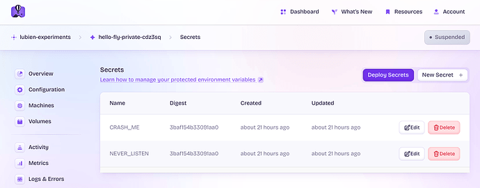 App dashboard secrets page with a "Deploy Secrets" button