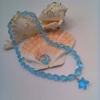 Pale Blue Crystal Necklace With a Glass Star and Earrings, Gift for Her
