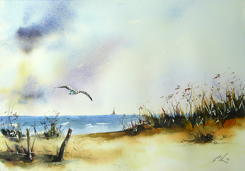 Beach, watercolour by Graham Kemp.