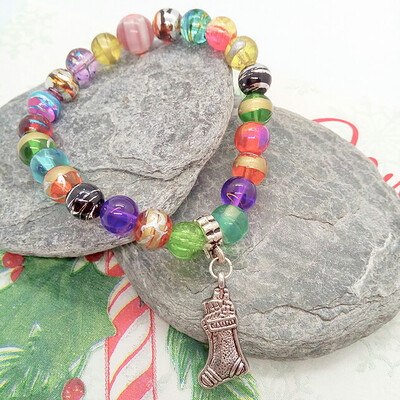 Christmas Bracelet with a Christmas Stocking Charm & Multi Coloured Glass Beads