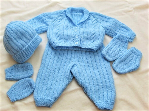 Premature Baby's Blue Ribbed Pram Set 5