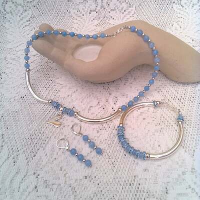 Jewellery Set with Silver Tubes and Pale Blue Aquamarine and Silver Beads