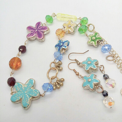 Multi Coloured Flower and Crystal Necklace and Earrings Set