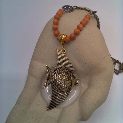 Bronze 3-D Fish Pendant Necklace on a Mahogany Jasper and Bronze Necklace