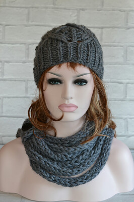 7835740-Grey-Chunky-Crocheted-Infinity-Scarf-And-Hat-1