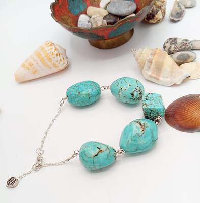 Bracelet with Turquoise Nugget Beads and Chain, Summer Bracelet, Gift for Her