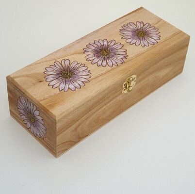 Pyrography daisy wooden 4 compartment storage box