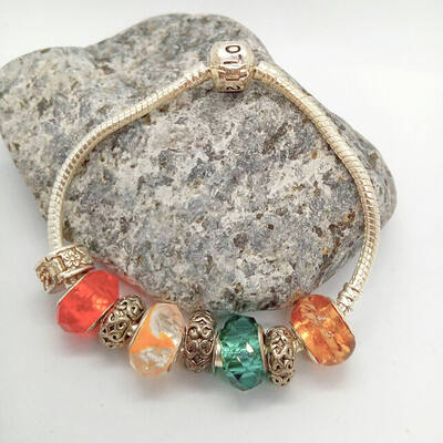 Topaz Green Clear Red European Lampwork Bead Bracelet with Silver Plated Spacers