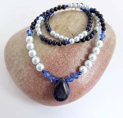 Blue Aventurine Glass Pendant with Swarovski Crystals and Czech Glass Pearls.