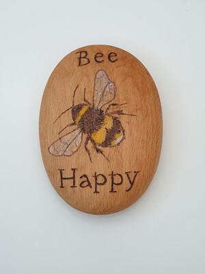 Pyrography bee happy wooden pebble 2