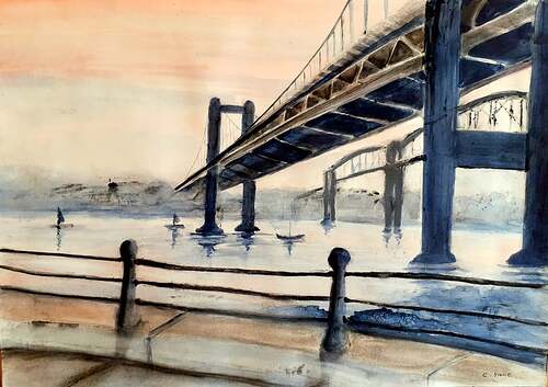 Monoprint with added mixed media, The Tamar Bridges, Saltash, Cornwall A2 size