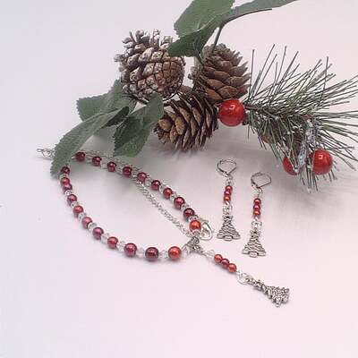 Pearl & Crystal Necklace and Earrings with Christmas Tree Charms, Christmas 2025