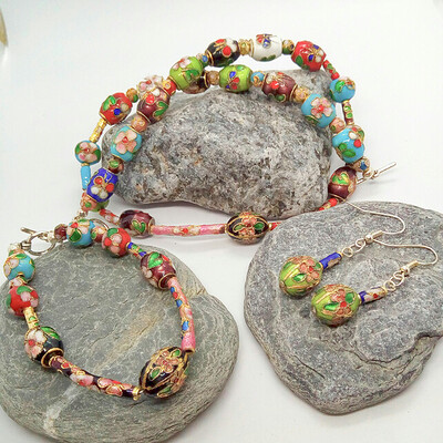 Multi Coloured Cloisonne Bead Jewellery Set, Beaded Jewellery Set