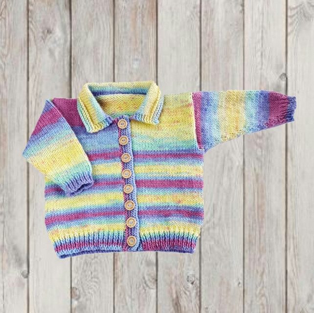 7758751-Girls-stripy-hand-knitted-collared-cardigan-to-fit-5-years-24-inch-chest-0