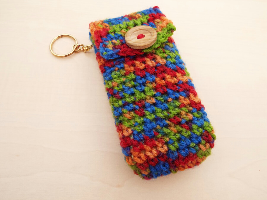 7443368-Hand-crochet-pocket-tissue-cover-keyring-multicolour-with-wooden-button-0