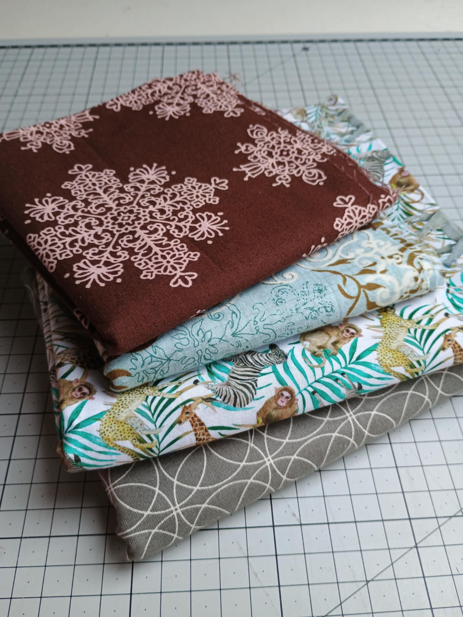 Quilting cotton remnants - brown aqua and cream bundle