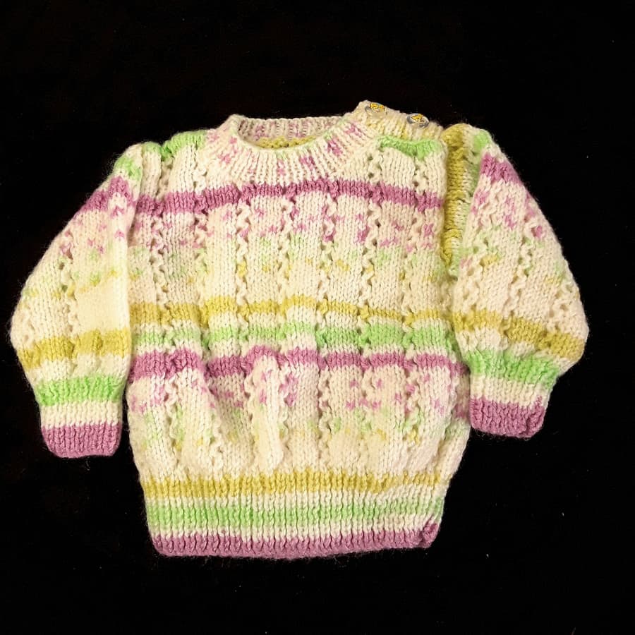 7426439-Baby-multicolour-jumper-hand-knitted-in-cream-mauve-green-yellow-3-6-months-0