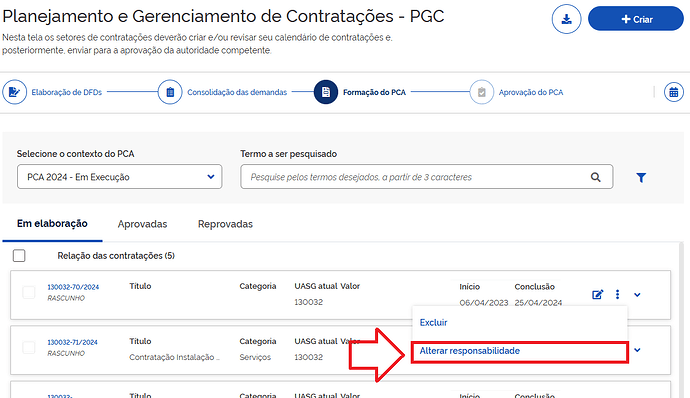 Função "Alterar responsabilidade" da tela "Formação do PCA"