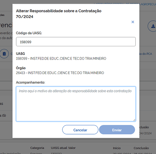 Pop-up "Alterar Responsabilidade sobre a Contratação"