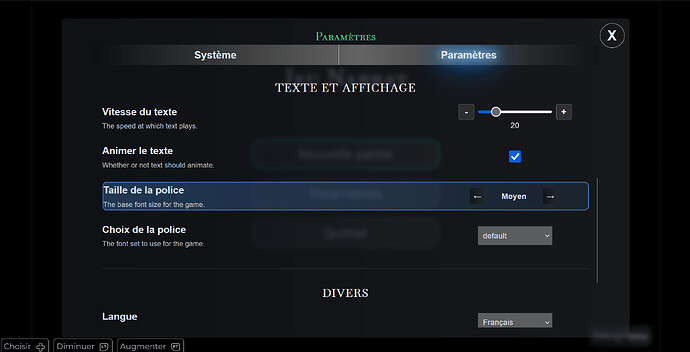 Narrat settings menu