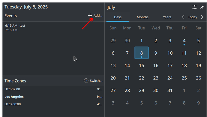 What the date/time widget looks like on another distro that comes pre-packaged with kdepim-addons and KOrganizer
