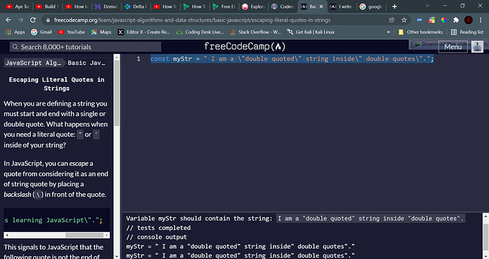 Basic JavaScript_ Escaping Literal Quotes in Strings _ freeCodeCamp.org - Google Chrome 1_31_2022 9_15_38 AM