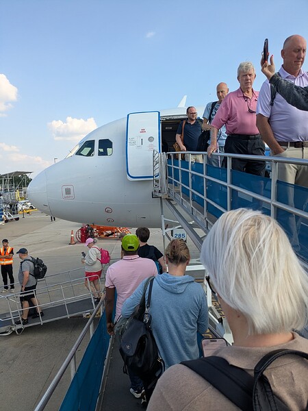 Deplaning via air stairs