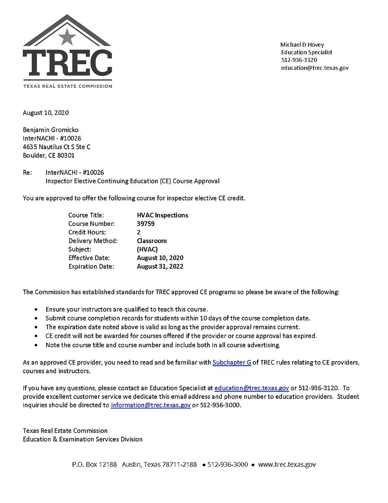 Texas Real Estate Commission Approves the HVAC Inspections Class for