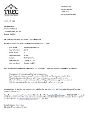 2025-2027 TX Approval - Inspecting Metal Roofs
