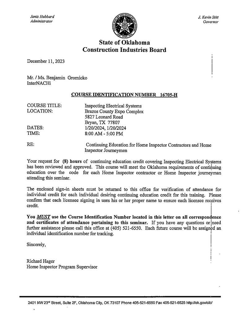 Oklahoma Construction Industries Board Home Inspector approves the